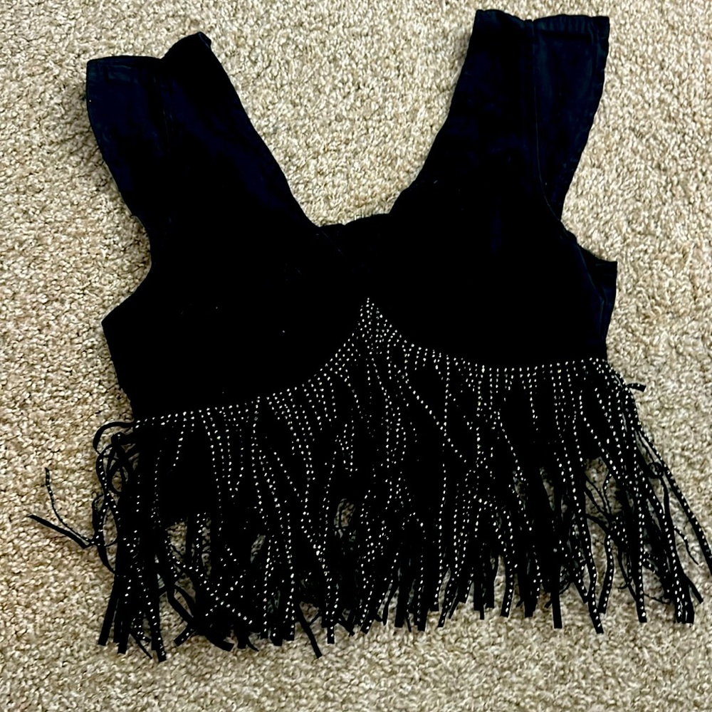 Black fringe top sparkle rhinestones zip back